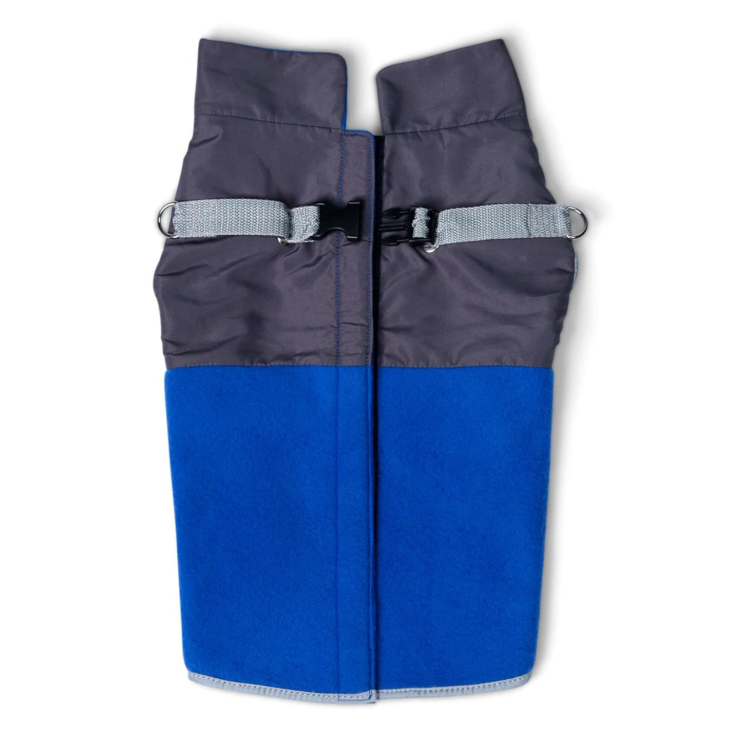 royal blue thermal dog fleece jacket with integrated harness