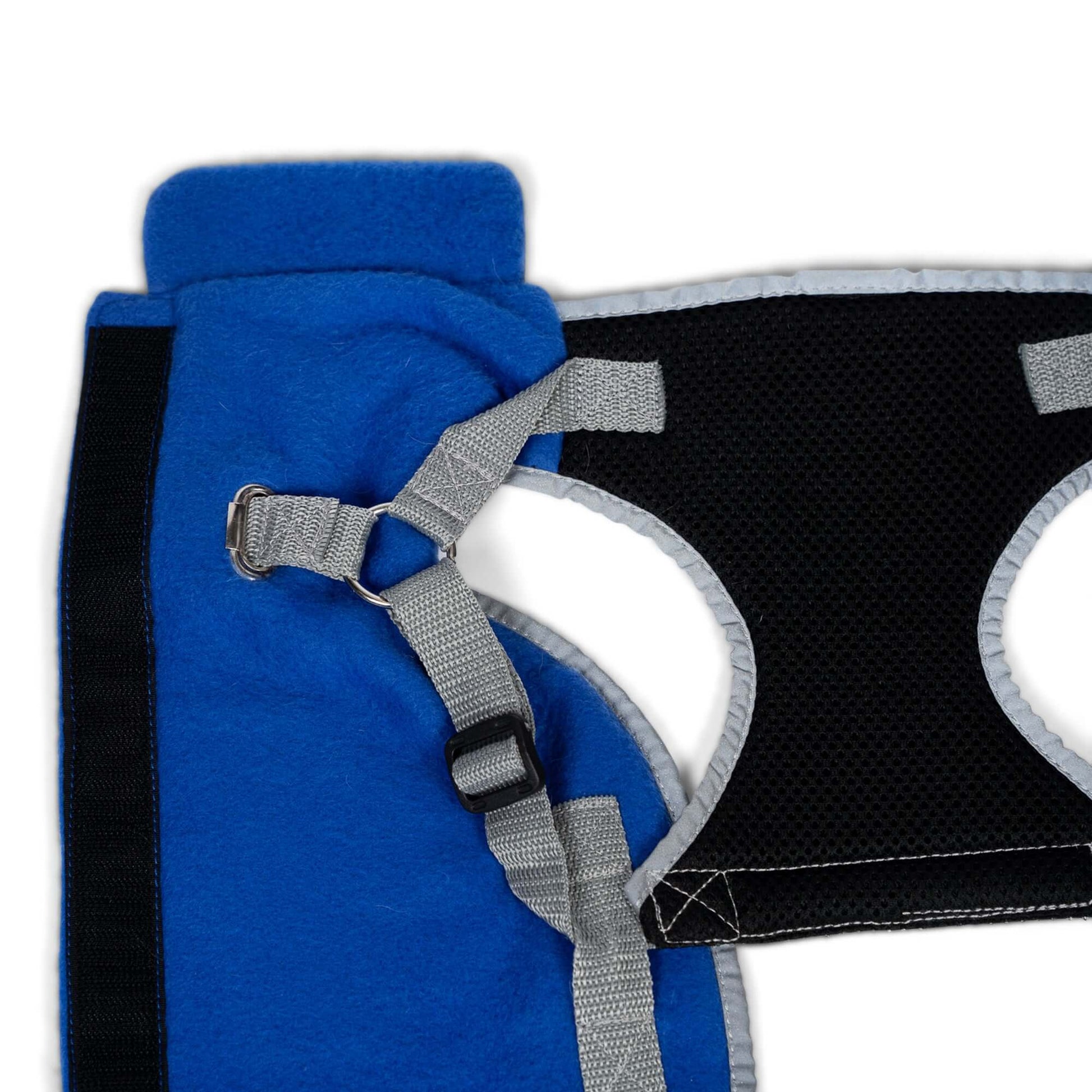 royal blue thermal dog fleece jacket with integrated harness